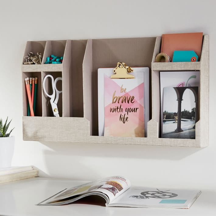 Shelves are a small room best friend. PB Teen no-nail organizer.