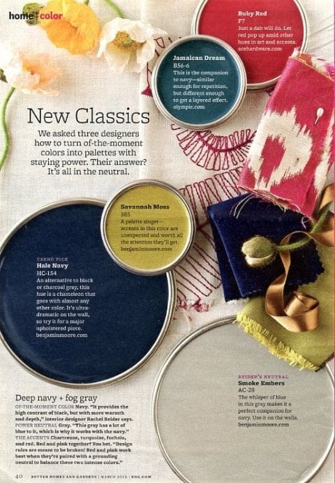 BHG magazine color palette with navy blue, green and reds.