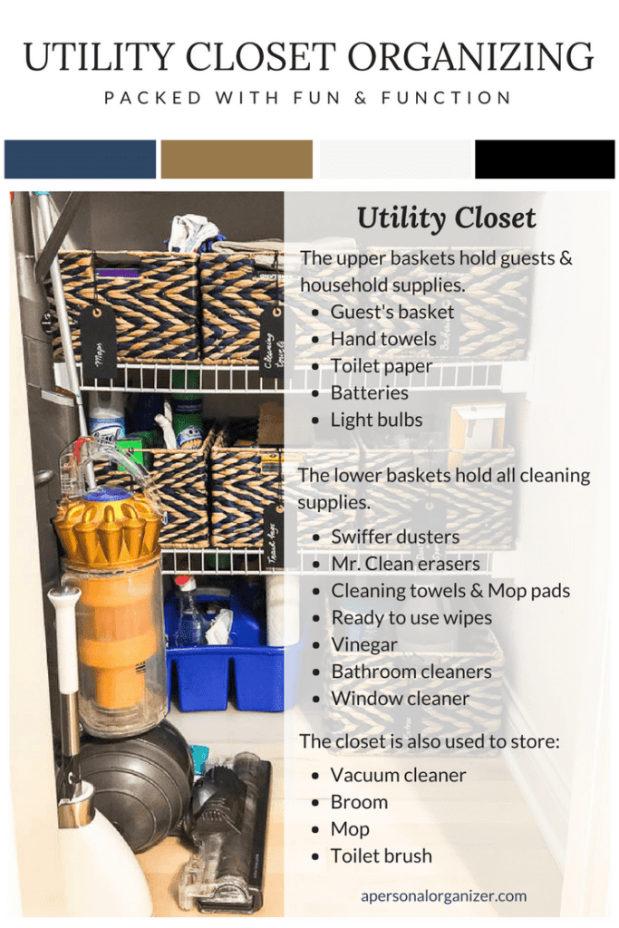 Image of utility closet with blue and beige baskets from the Container Store.