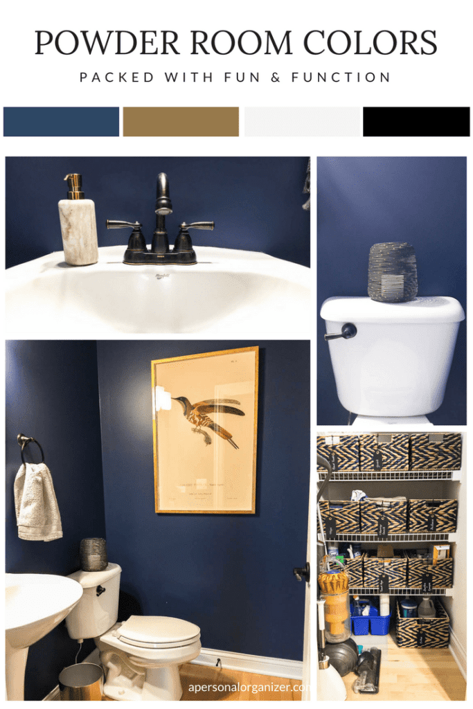 montage of images from a navy blue powder room and utility closet.