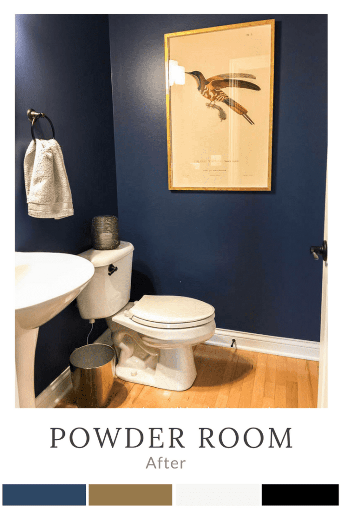 Small bathroom with Indigo Batik / navy blue walls and rubbed oil bronze fixtures