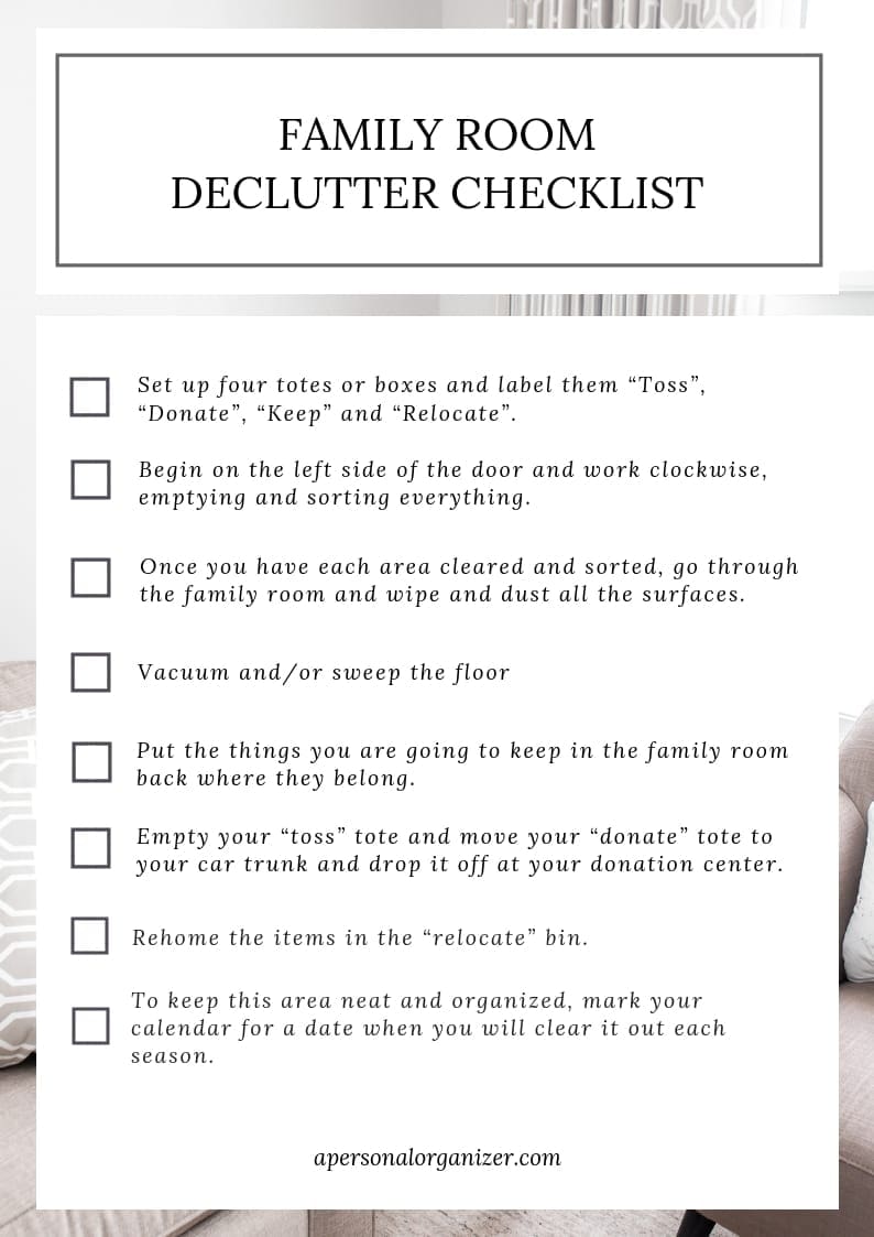 family room organizing checklist