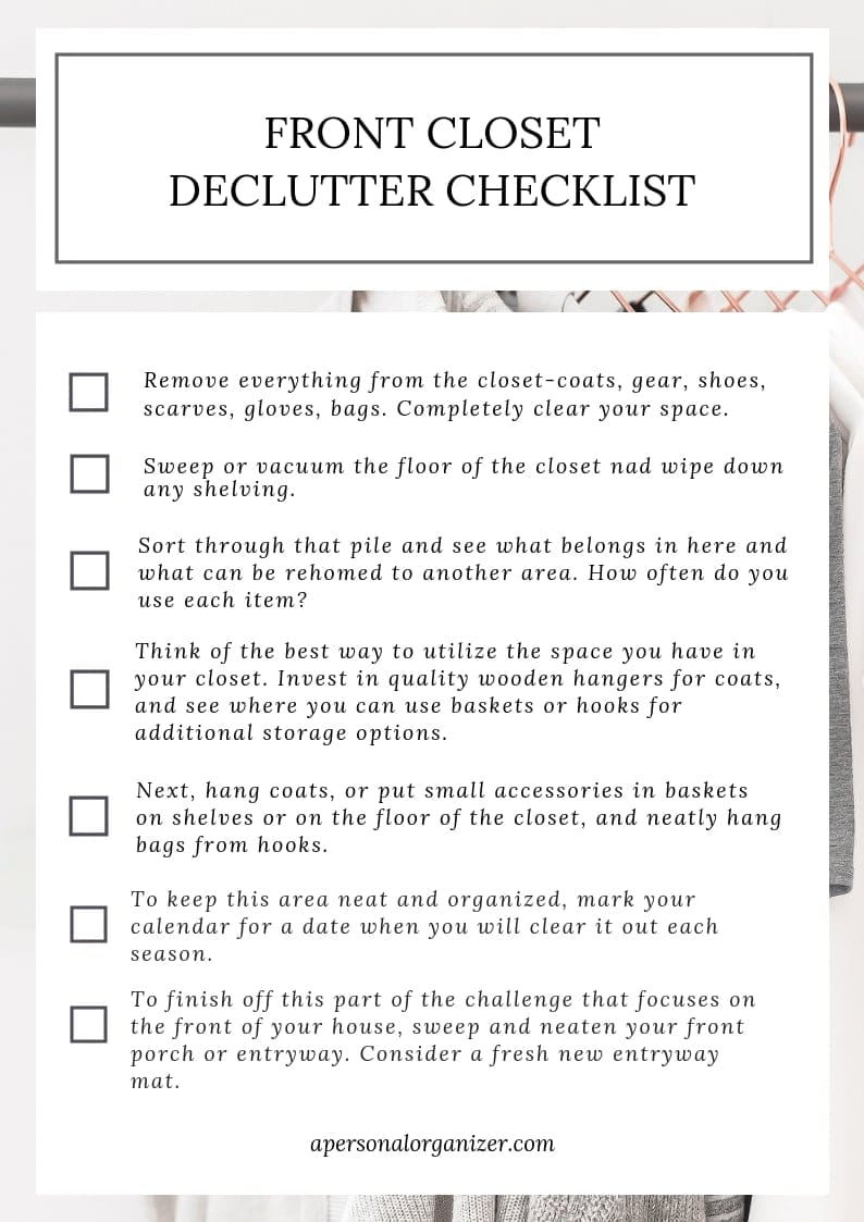 decluttering and organizing checklist front closet